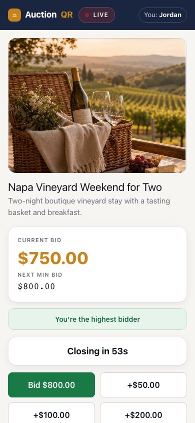 AuctionQR mobile bidder view showing current bid, bidder status, countdown, and quick bid buttons