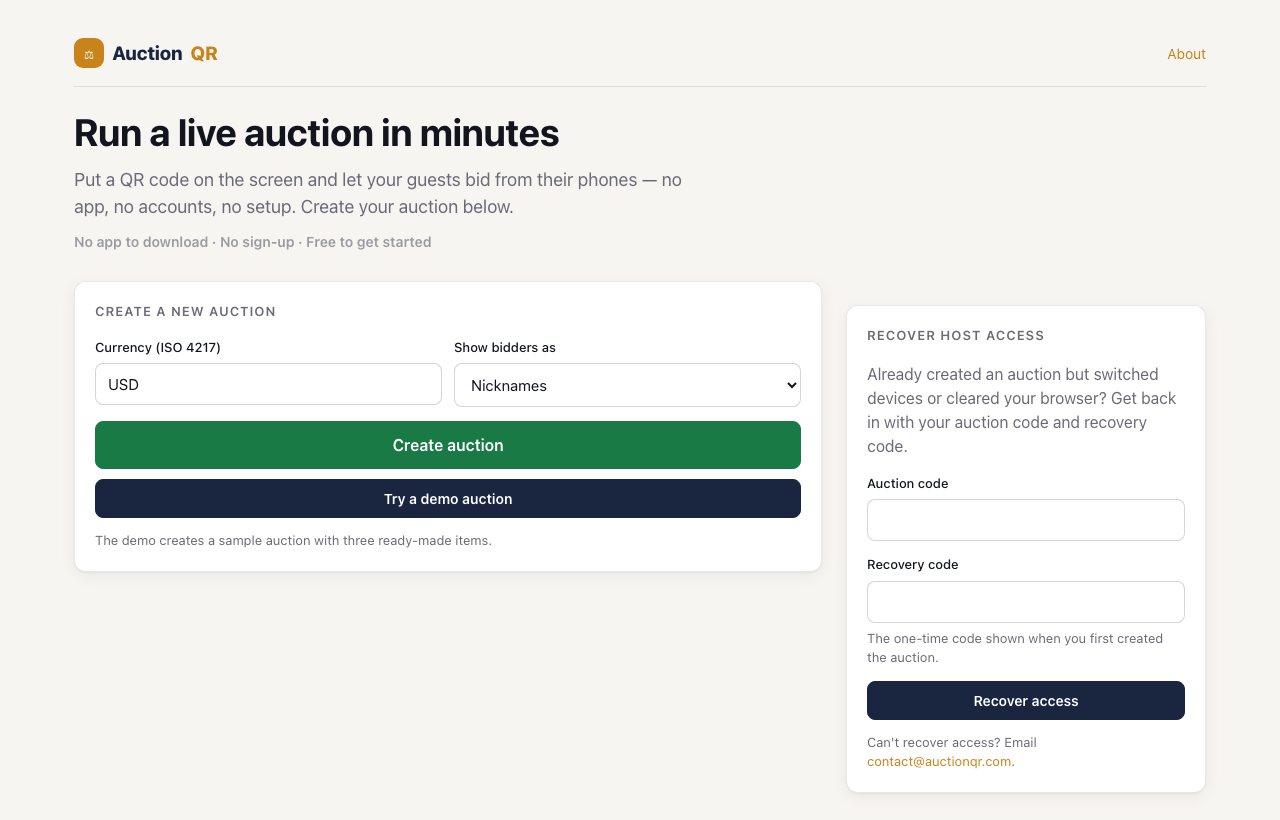 AuctionQR create auction screen with currency, bidder display, demo auction, and recovery access options