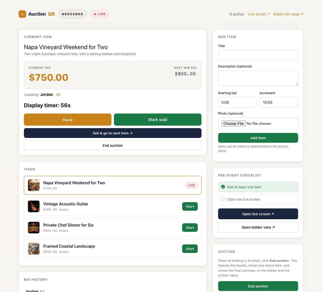 AuctionQR host dashboard showing current item, bid controls, item list, and bid history