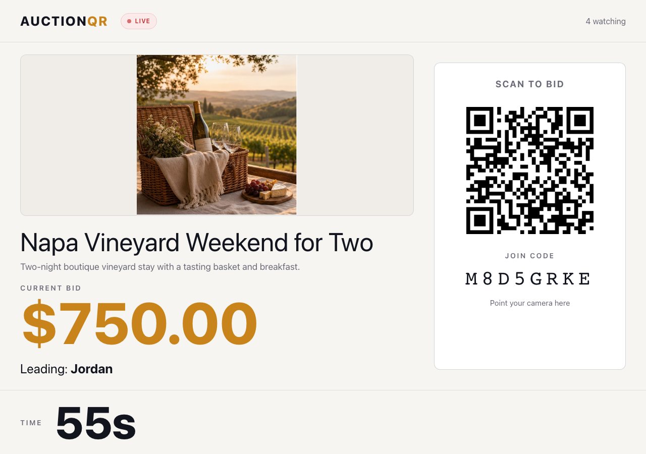 AuctionQR live screen with item, current bid, countdown, QR code, and auction code